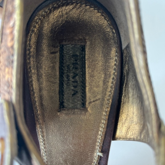 Prada Vintage Brown gold Sequin PeepToe Ankle strap Heels Sz 38 - Picture 6 of 9